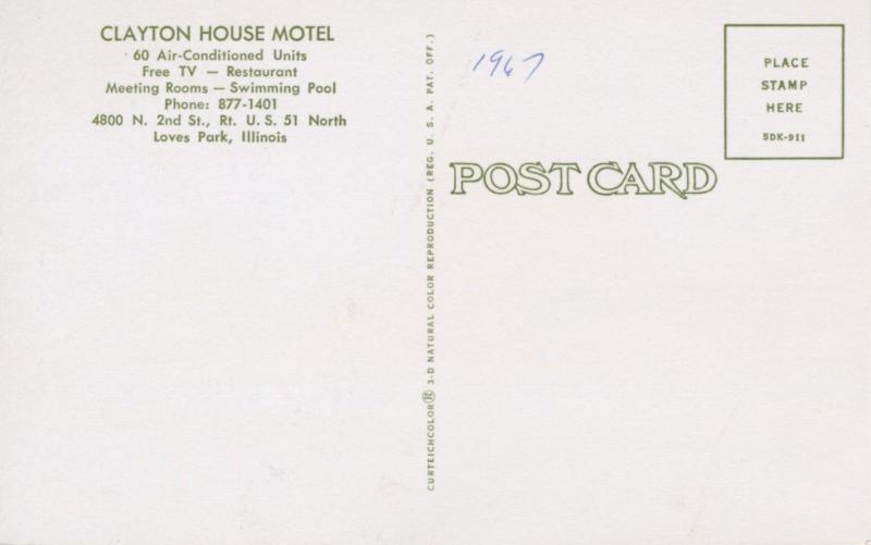 Clayton House Motel ~ Loves Park Illinois IL ~ Vintage Postcard