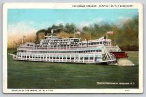 Ship~Mississippi River Excursion Steamer Capitol~Flags~Smoke~1920s Postcard