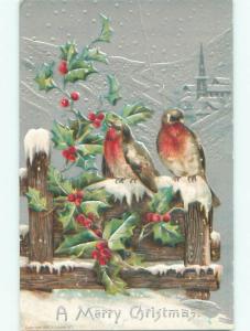 Pre-Linen christmas BEAUTIFUL LARGE BIRDS ON ICY FENCE k1078