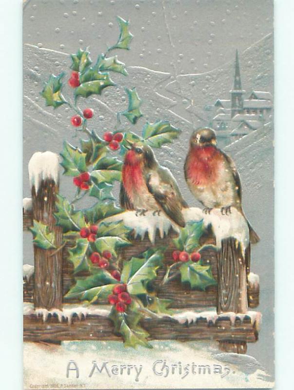 Pre-Linen christmas BEAUTIFUL LARGE BIRDS ON ICY FENCE k1078