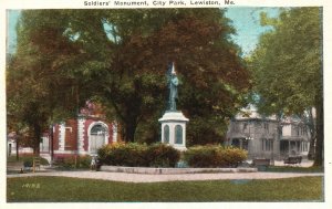 Vintage Postcard 1920's Soldiers' Monument City Park Lewiston Maine J.J. Mullane