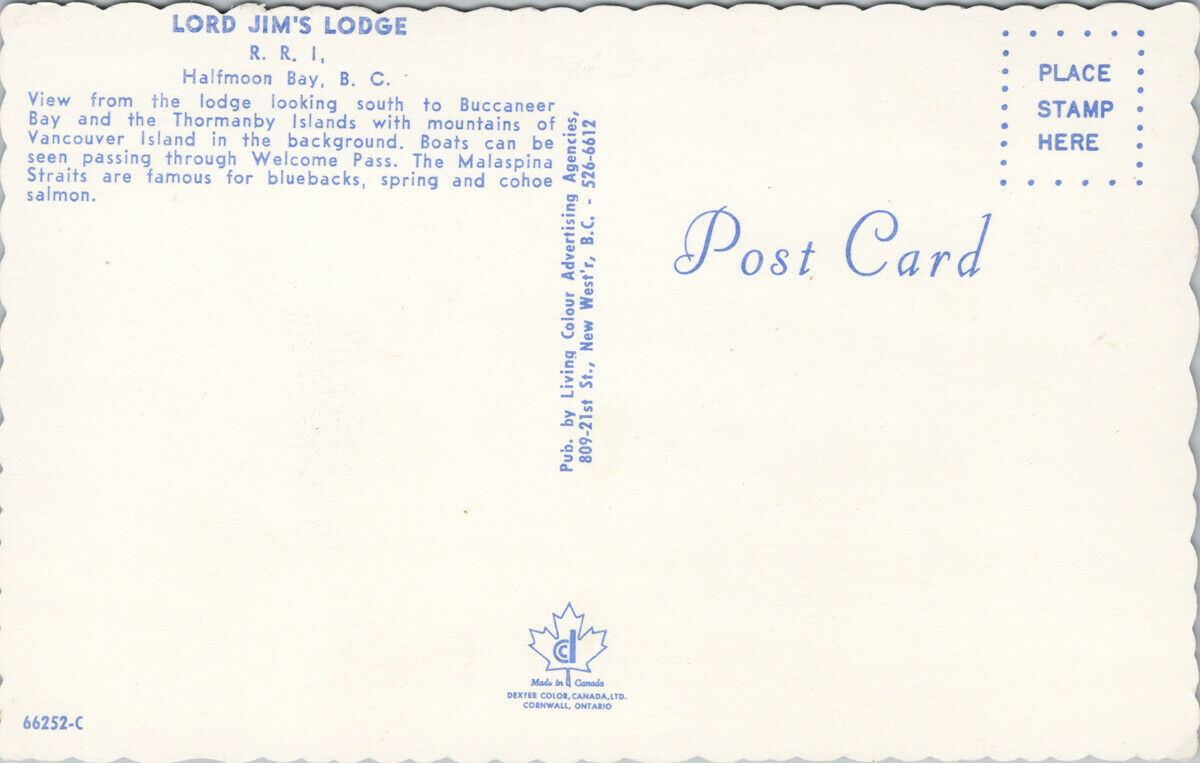 Lord Jim's Lodge Halfmoon Bay BC British Columbia Unused Postcard G5