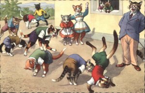 Fantasy Dressed Animals Cats School Playing Recess Mainzer Vintage Postcard