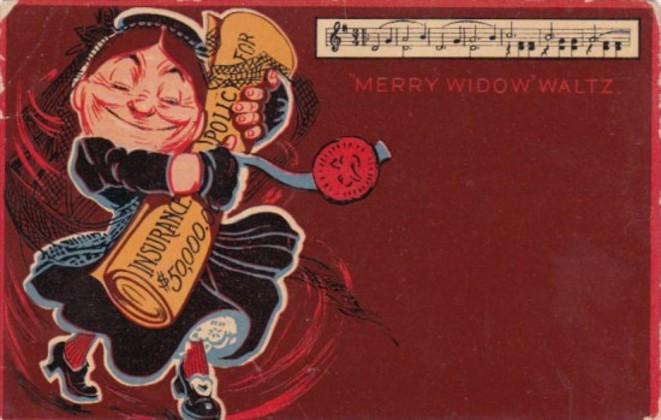 Humour Woman Holding Insurance Policy Doing The Merry Widow Waltz