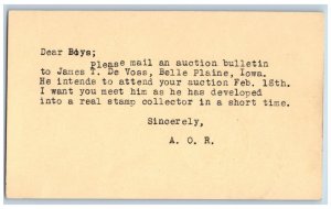 Belle Plaine IA Van Horne IA Postcard Auction Bulletin to James T De Voss 1939