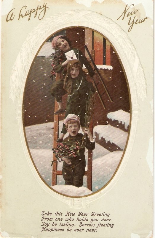 Children in ladder. Snow scene Old vintage English New Year  postcard