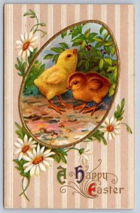 A Happy Easter, Chicks Inside Gold Egg, Daisies, Antique 1915 Embossed Postcard