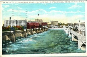 Quaker Oats Elevators and B Ave Bridge Postcard Cedar Rapids IA Postmarked 1930