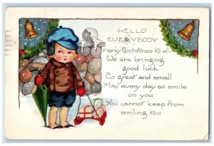 1921 Merry Christmas Girl Sleigh Gifts Bells Umbrella Berries Embossed Postcard
