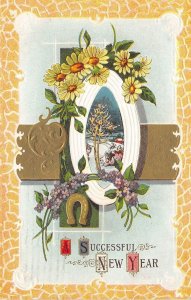NEW YEAR 1913 Greetings Postcard Horseshoe Flowers