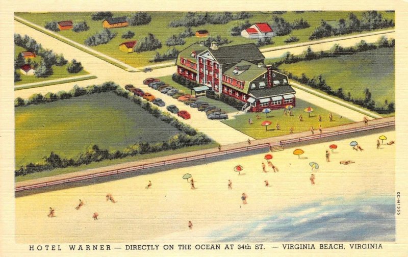 HOTEL WARNER Virginia Beach, VA 1940s Linen Vintage Postcard Roadside