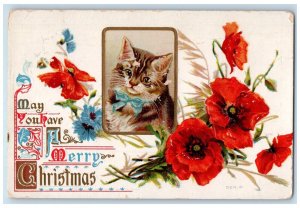 1910 Merry Christmas Cute Cat Flowers Embossed Indianapolis Indiana IN Postcard 