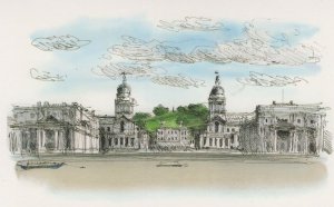 Sir Christopher Wren Old Naval College Thames London Painting Postcard