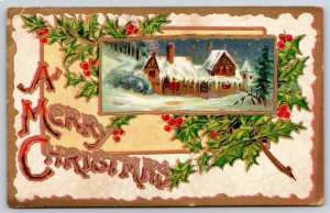 Holiday~Merry Christmas~Gold Border~Holly Berries~Winter Home~Vintage Postcard