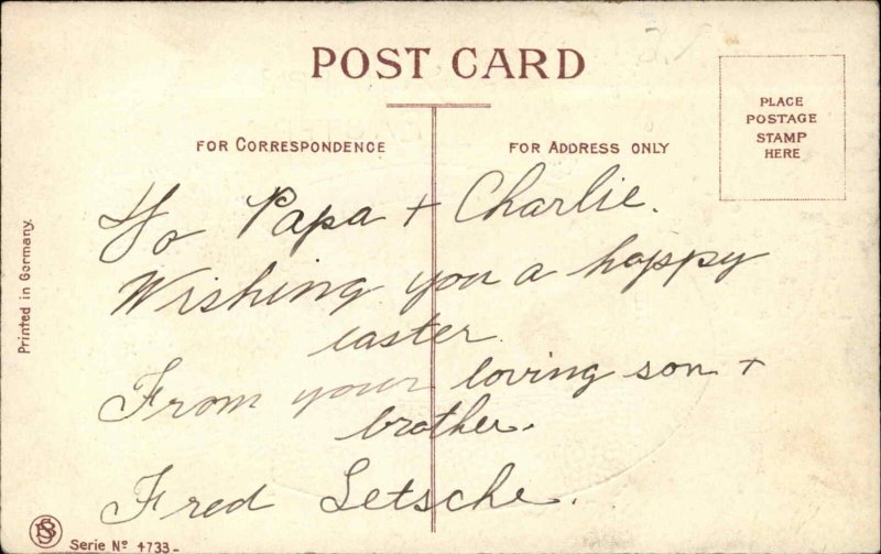 Easter Little Girls Find Rabbits Giant Egg Gilt Inlay c1910 Gel Postcard