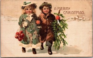 Vintage Postcard Merry Christmas Scene Tree Winter Snow  JN9