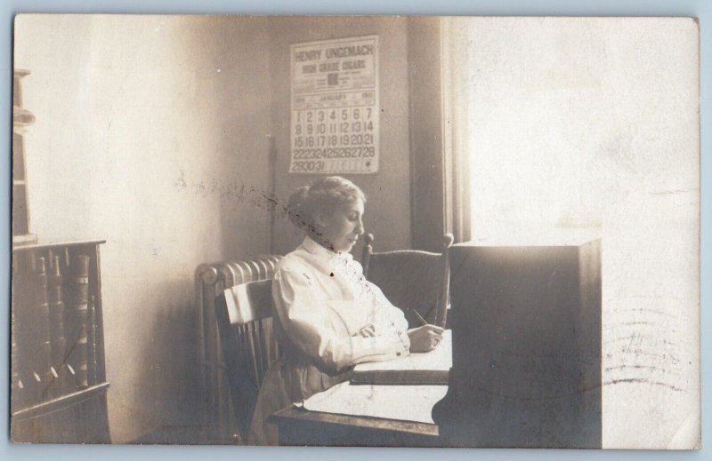 1911 Woman Office Interior Henry Ungemach Rochester MN RPPC Photo Postcard