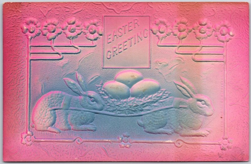 Easter Greetings Bunnies Egg Flowers Embossed Card Postcard