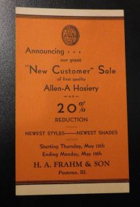 Mint USA Advertising Postcard Allen A Hosiery New Customer Sale H A Frahm Son IL