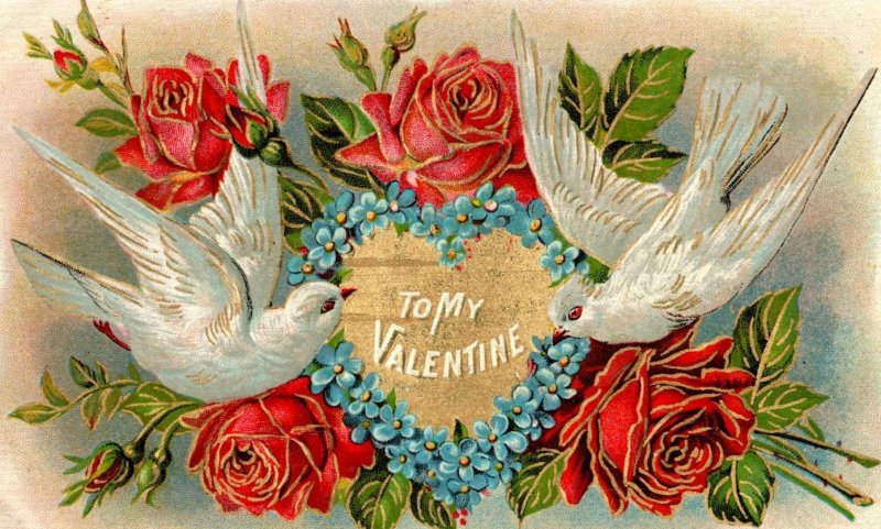 C. 1910 Lovely Pair Of Doves Heart Roses Valentine Vintage Postcard F33