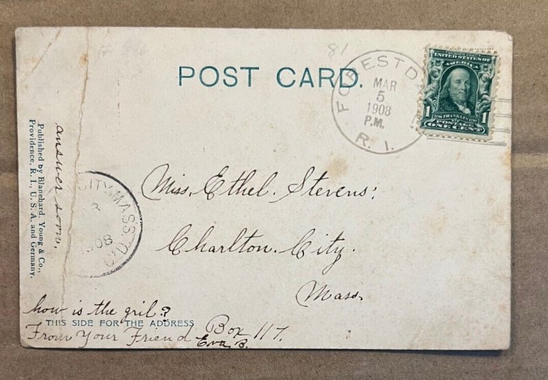 VINTAGE .01 POSTCARD USED 1908 - COLD SPRING PARK, WOONSOCKET, R.I. - CREASE