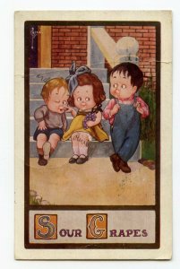 Postcard Sour Grapes Children on Steps Standard View Card Artist Signed C. Ryan