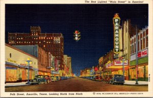 Linen Postcard Night View Polk Street Looking North from Ninth in Amarillo Texas