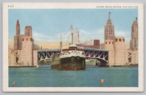 Chicago Transportation~Ship Under Outer Drive Bridge & Skyline~Vintage Postcard