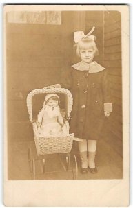 Antique RPPC Little Girl & Doll in Baby Carriage Stroller 1910s Photo Postcard