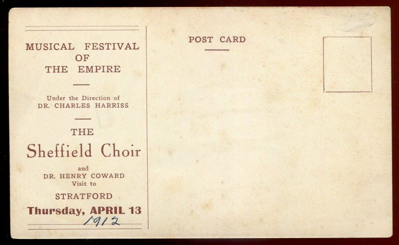 h3765-STRATFORD Ontario Postcard 1912 Sheffield Choir at Sea Concert Advertising