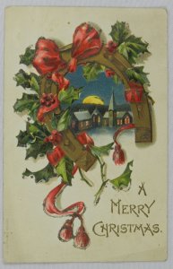 Merry Christmas, Red Ribbon, Horseshoe of Small Town, Greetings Vintage Postcard