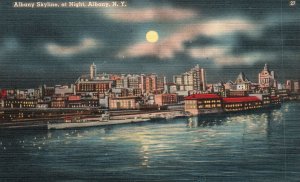 Vintage Postcard 1930's Albany Skyline at Night Albany New York N. Y.