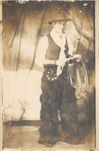 J22/ Interesting RPPC Postcard c1910 Cowboy Lasso Hat Chaps 87