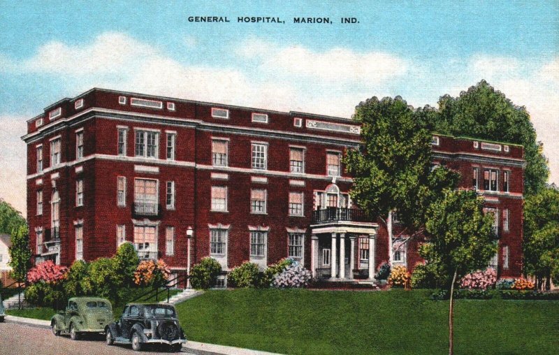 VINTAGE POSTCARD GENERAL HOSPITAL AND STREET SCENE AT MARION INDIANA