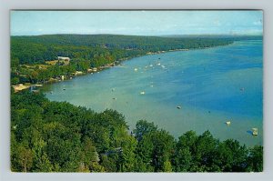 Higgins Lake MI, Scenic Aerial View South Shore, Boats, Chrome Michigan Postcard