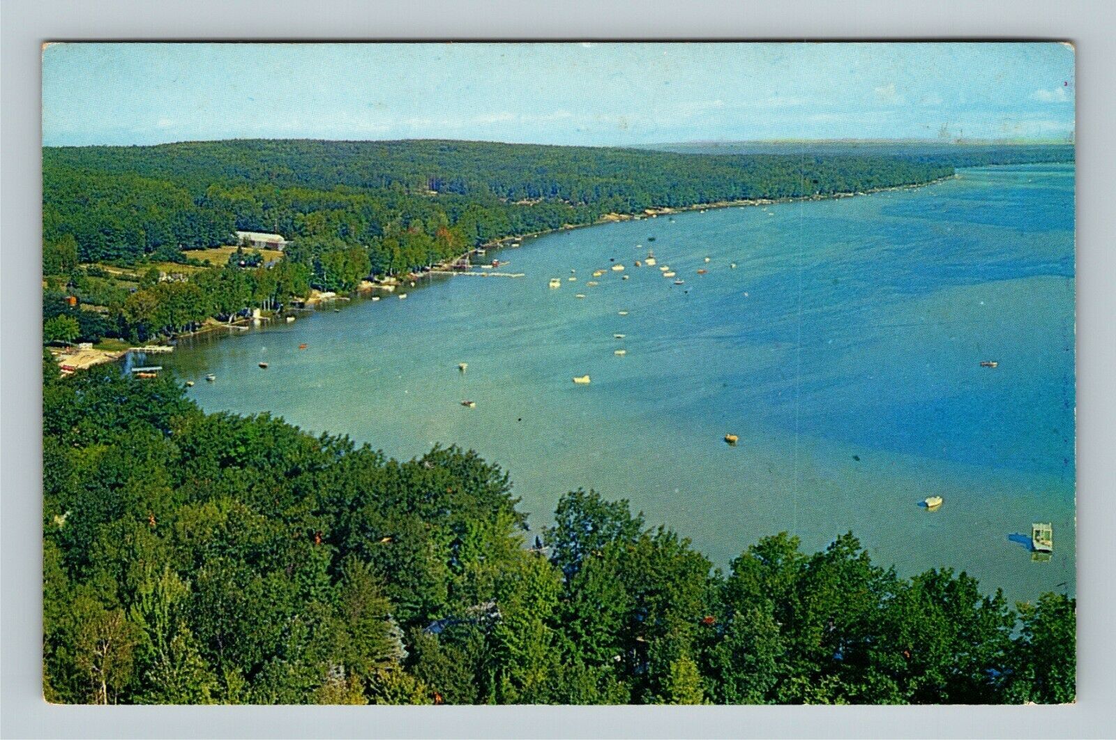 Higgins Lake MI, Scenic Aerial View South Shore, Boats, Chrome Michigan Postcard United States