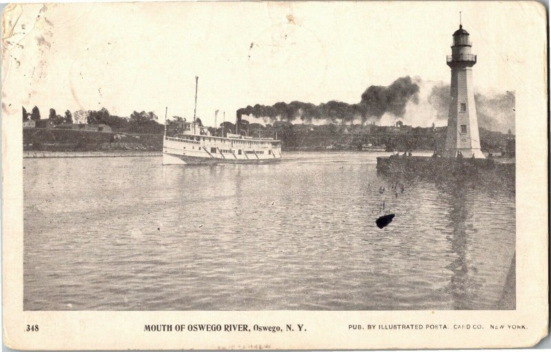 Steamboat, Lighthouse At Mouth of Oswego River NY c1903 UDB Vintage Postcard E73