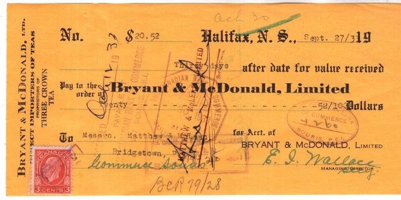 1933 Bryant McDonald, Teas, Cheque w Postage Stamp, Halifax, Check