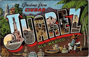 Juarez Mexico LARGE LETTER Greetings Monument Bull Fight, Linen c1951 Postcard 