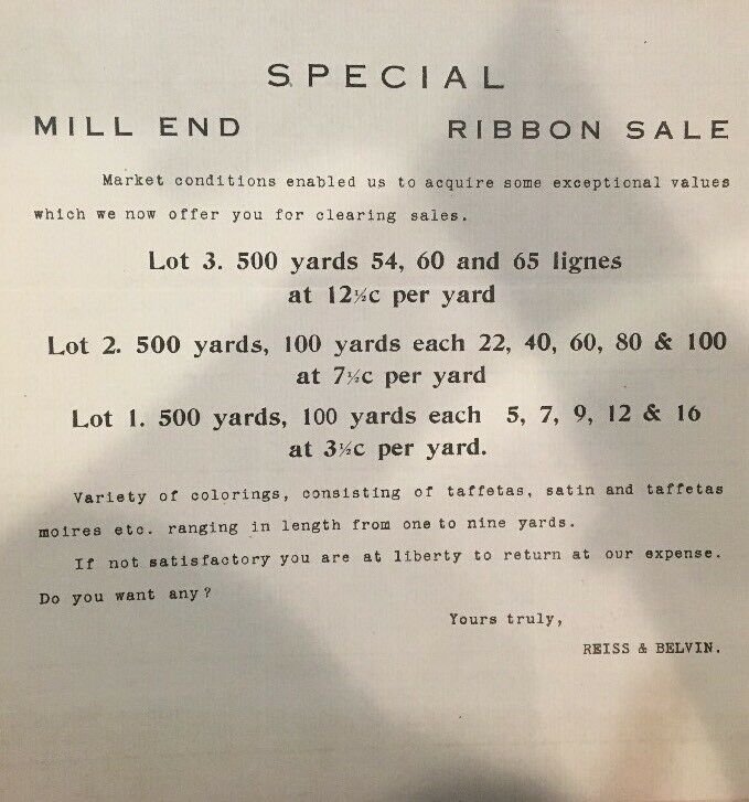 1910 REISS & BELVIN Satin Taffeta Ribbons NEW YORK New York  Letterhead