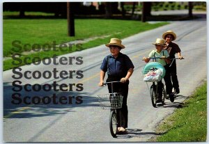 Postcard - Scooters, young Amish kids