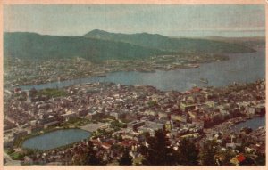 Postcard View Of The City From Floien Buildings Mountain Lakes Bergen Norway