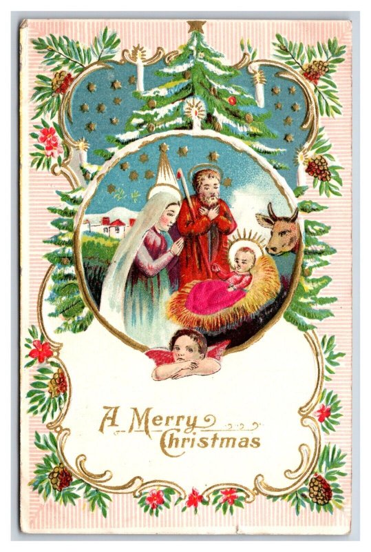 Nativity Scene Christmas Tree Pine Border Merry Christmas Embossed Postcard U11