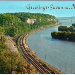 c1960s Savanna, IL Greetings Mississippi River Palisades Postcard Railway A91