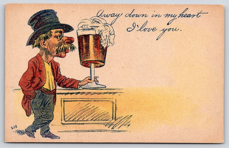 Comic Pun~Down in My Heart I Love You~Red Nose Man~Exaggerated Beer Foam Glass 