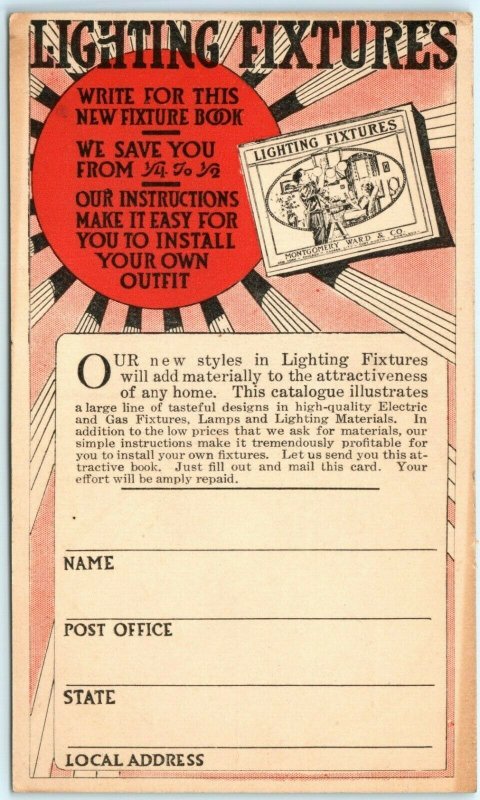 c1910s Montgomery Ward Lighting Fixture Advertising Catalog Request Postcard A15 