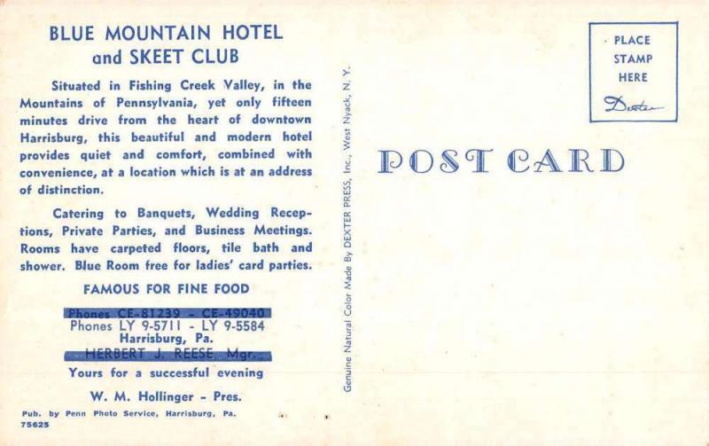 Harrisburg Pennsylvania Blue Mountain Hotel Skeet Club Vintage Postcard K68926