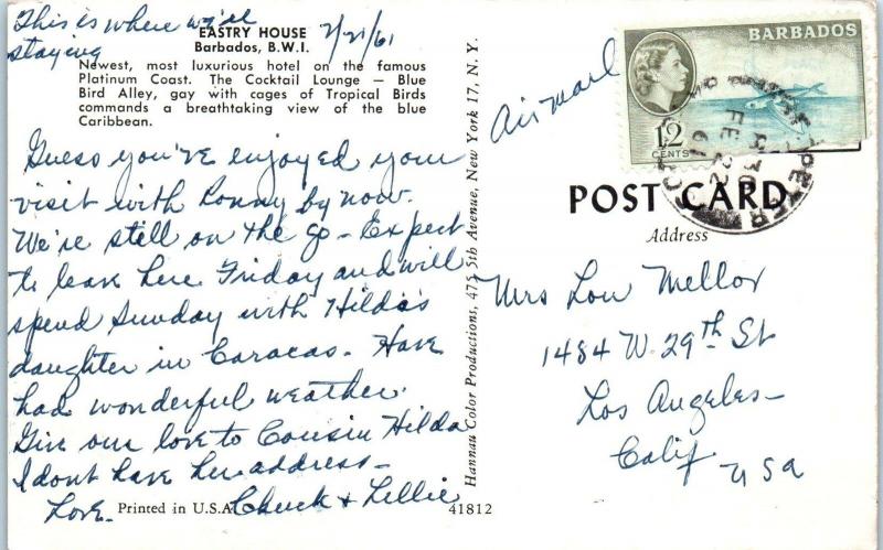 BARBADOS, British West Indies   EASTRY HOUSE Cocktail Lounge   1961  Postcard