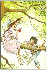 Postcard - Boy Girl Tree Apple Painting/Art Print