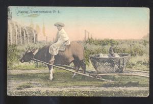 MANILA PHILIPPINES NATIVE TRANSPORTATION P.I. VINTAGE POSTCARD OXEN DRAWN CART